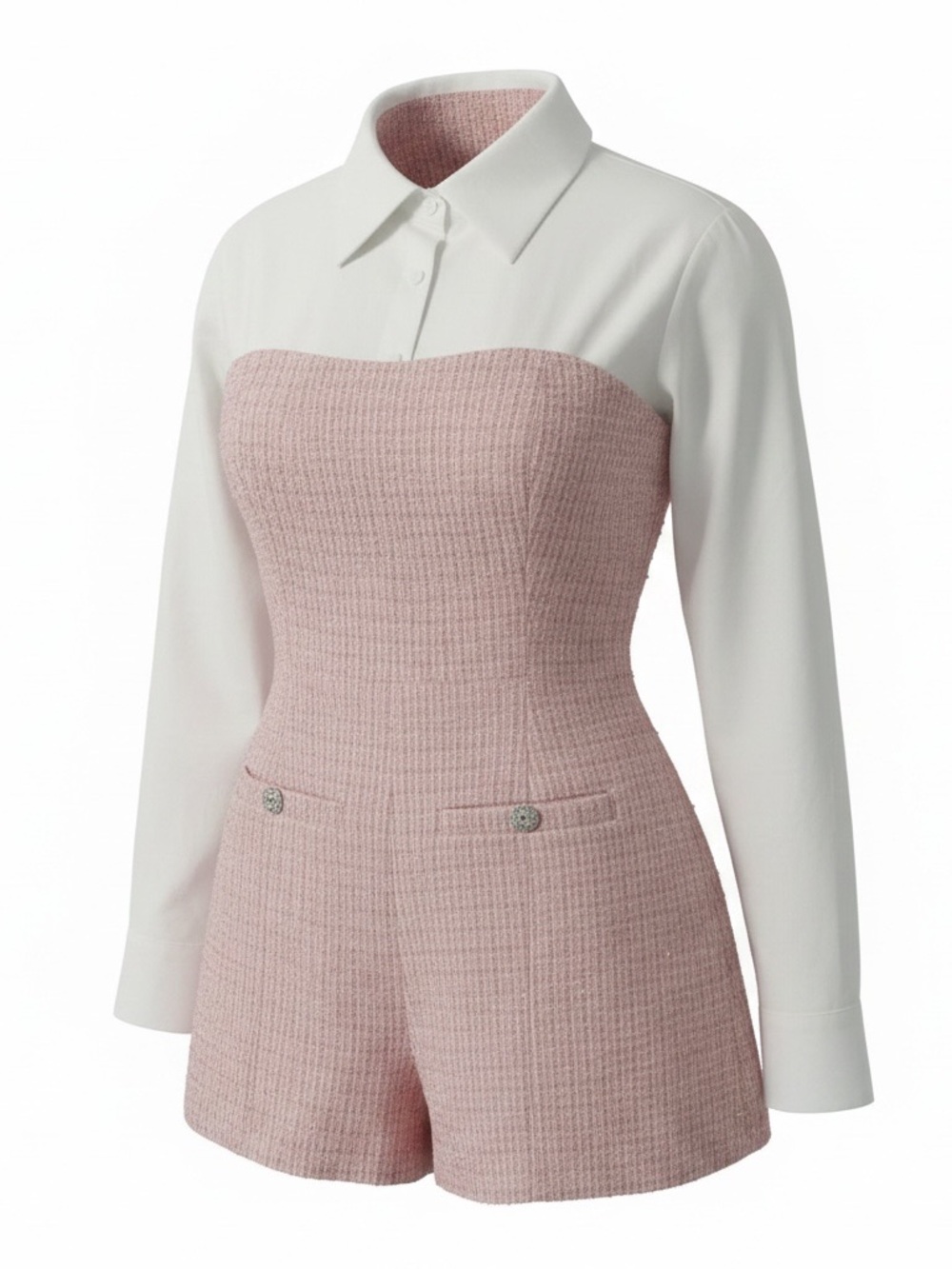 Structured Knit Bustier Romper in Blush Pink with White Shirt